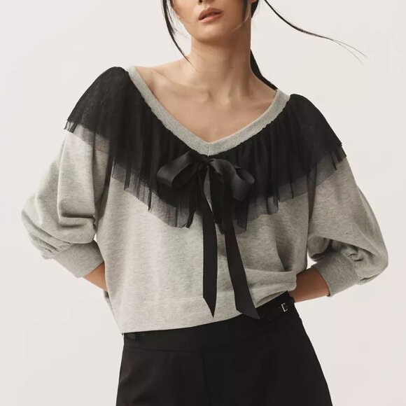 Anthropologie Maeve V-Neck Coquette Bow Sweater Light Grey Large Petite LP - Picture 1 of 9